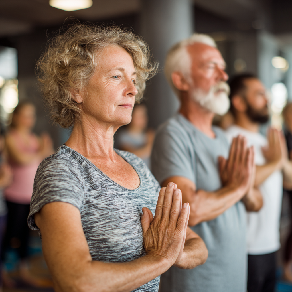 Older adults in a peaceful yoga class focusing on balance and stability exercises